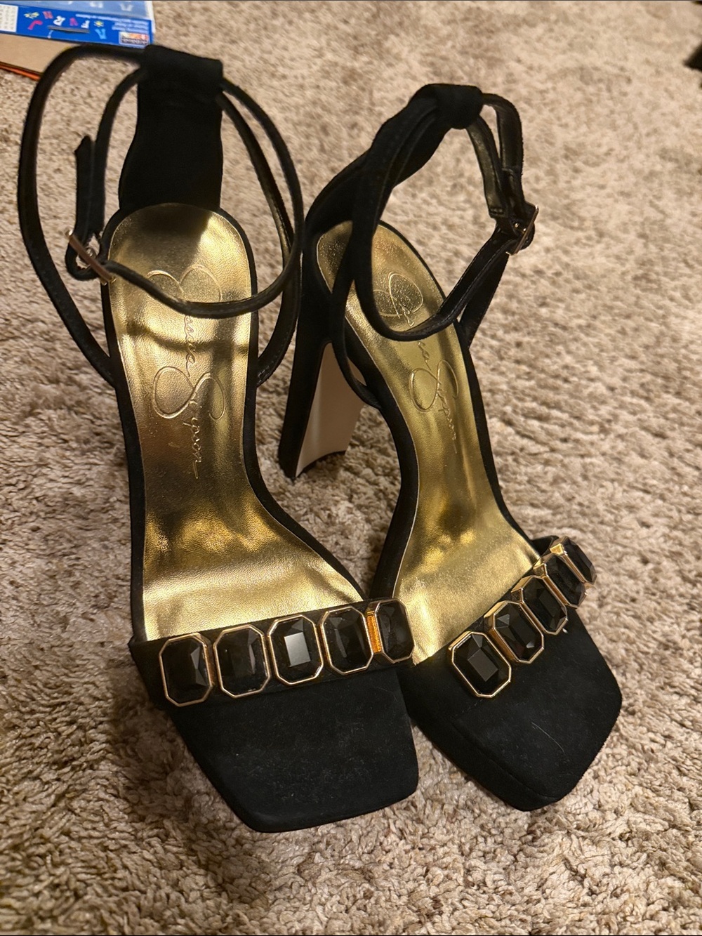 Jessica Simpson Black Suede Block Heel Sandals with Gold Jewel Accents 7.5